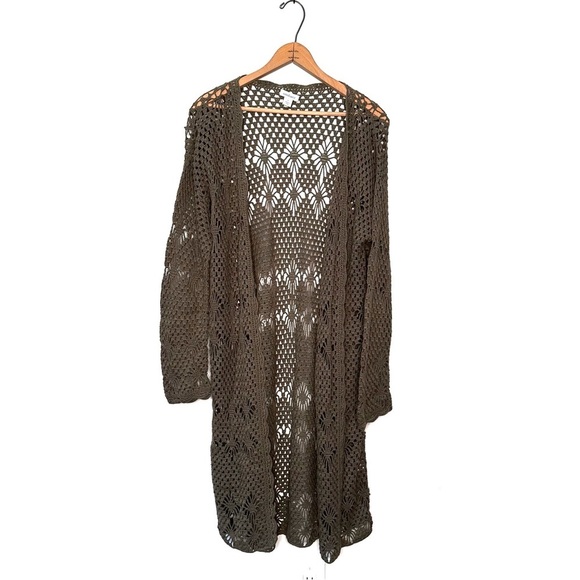 Sundance Sweaters - Sundance Catalog Olive Green “Aria Cardigan” Open Front Crochet Lace Size Small